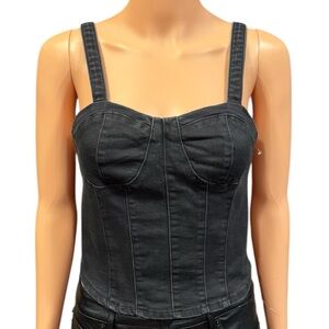 NWOT OAT NEW YORK Black Denim Lightly Distressed Bustier Corset Crop Top XS